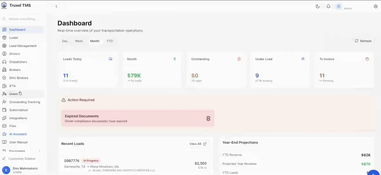 Trucking Management Software Dashboard